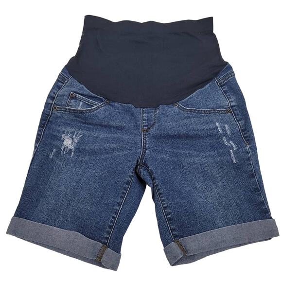 A-Glow Maternity Women's Distressed Rolled Hem Bermuda Denim Shorts 6 - Picture 1 of 4